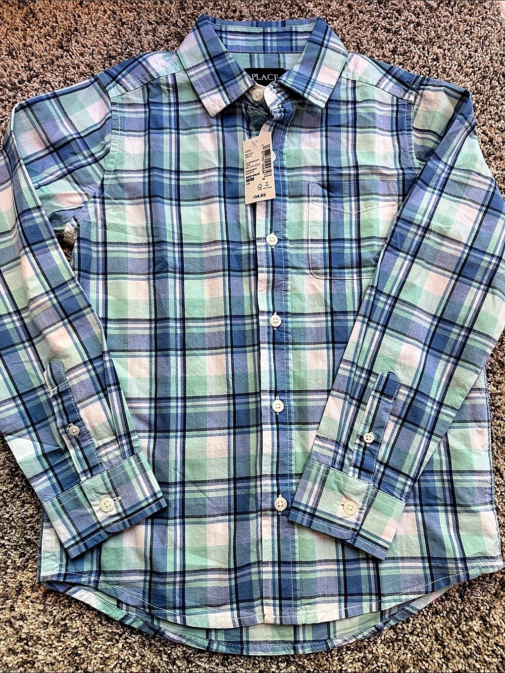 Children's Place Boys Plaid Button Down Shirt in Blue & Green Size Medium NWT